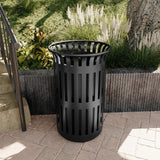 English Elm Commercial Grade Commercial Grade Outdoor Round Slatted Steel 37 Gallon Trash Can with Removable Inner Bin