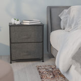 2 Drawer Wood Top Nightstand Storage Organizer with Cast Iron Frame and Dark Gray Easy Pull Fabric Drawers