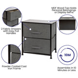 English Elm 2 Drawer Wood Top Nightstand Storage Organizer with Cast Iron Frame and Dark Gray Easy Pull Fabric Drawers