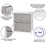 English Elm 2 Drawer Wood Top Nightstand Storage Organizer with Cast Iron Frame and Light Gray Easy Pull Fabric Drawers