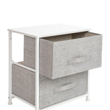 English Elm 2 Drawer Wood Top Nightstand Storage Organizer with Cast Iron Frame and Light Gray Easy Pull Fabric Drawers