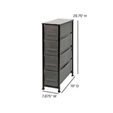 English Elm 4 Drawer Slim Wood Top Cast Iron Frame Dresser Storage Tower with Dark Gray Easy Pull Fabric Drawers