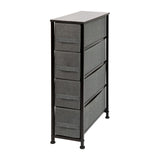 English Elm 4 Drawer Slim Wood Top Cast Iron Frame Dresser Storage Tower with Dark Gray Easy Pull Fabric Drawers