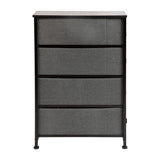 English Elm 4 Drawer Slim Wood Top Cast Iron Frame Dresser Storage Tower with Dark Gray Easy Pull Fabric Drawers