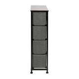 English Elm 4 Drawer Slim Wood Top Cast Iron Frame Dresser Storage Tower with Dark Gray Easy Pull Fabric Drawers