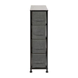 English Elm 4 Drawer Slim Wood Top Cast Iron Frame Dresser Storage Tower with Dark Gray Easy Pull Fabric Drawers