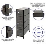 English Elm 4 Drawer Slim Wood Top Cast Iron Frame Dresser Storage Tower with Dark Gray Easy Pull Fabric Drawers