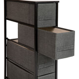 English Elm 4 Drawer Slim Wood Top Cast Iron Frame Dresser Storage Tower with Dark Gray Easy Pull Fabric Drawers