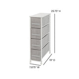 English Elm 4 Drawer Slim Wood Top Cast Iron Frame Dresser Storage Tower with Light Gray Easy Pull Fabric Drawers