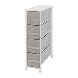 English Elm 4 Drawer Slim Wood Top Cast Iron Frame Dresser Storage Tower with Light Gray Easy Pull Fabric Drawers