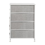 English Elm 4 Drawer Slim Wood Top Cast Iron Frame Dresser Storage Tower with Light Gray Easy Pull Fabric Drawers