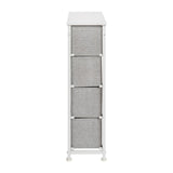 English Elm 4 Drawer Slim Wood Top Cast Iron Frame Dresser Storage Tower with Light Gray Easy Pull Fabric Drawers