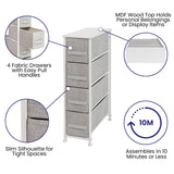 English Elm 4 Drawer Slim Wood Top Cast Iron Frame Dresser Storage Tower with Light Gray Easy Pull Fabric Drawers