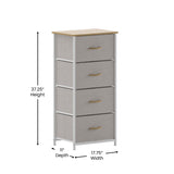 English Elm 4 Drawer Vertical Storage Dresser with White Cast Iron Frame, Oak Wood Top and Easy Pull Fabric Drawers with Natural Wooden Handles