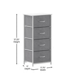 English Elm 4 Drawer Vertical Storage Dresser with White Cast Iron Frame, White Wood Top and Easy Pull Fabric Drawers with White Wooden Handles