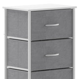 English Elm 4 Drawer Vertical Storage Dresser with White Cast Iron Frame, White Wood Top and Easy Pull Fabric Drawers with White Wooden Handles