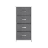 English Elm 4 Drawer Vertical Storage Dresser with White Cast Iron Frame, White Wood Top and Easy Pull Fabric Drawers with White Wooden Handles