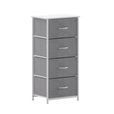 English Elm 4 Drawer Vertical Storage Dresser with White Cast Iron Frame, White Wood Top and Easy Pull Fabric Drawers with White Wooden Handles