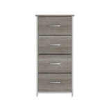 English Elm 4 Drawer Storage Dresser with White Cast Iron Frame, Light Wood Top and Easy Pull Engineered Wood Drawers, and White Wooden Handles