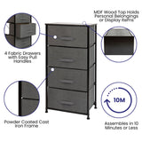 English Elm 4 Drawer Wood Top Cast Iron Frame Vertical Storage Dresser with Dark Gray Easy Pull Fabric Drawers