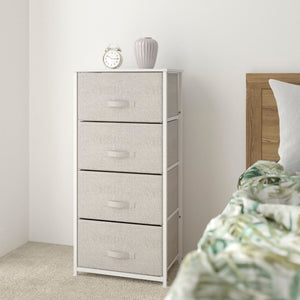 English Elm 4 Drawer Wood Top Cast Iron Frame Vertical Storage Dresser with Light Gray Easy Pull Fabric Drawers