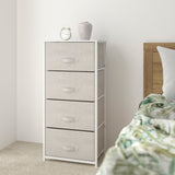 Vertical Dresser with 4 Drawers, Light Gray Fabric, Wood Top & Cast Iron Frame