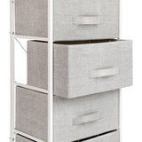 English Elm 4 Drawer Wood Top Cast Iron Frame Vertical Storage Dresser with Light Gray Easy Pull Fabric Drawers