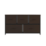 English Elm 5 Drawer Storage Dresser with Black Cast Iron Frame, Wood Top and Easy Pull Engineered Wood Drawers with Wooden Handles