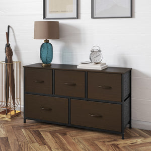 English Elm 5 Drawer Storage Dresser with Black Cast Iron Frame, Wood Top and Easy Pull Engineered Wood Drawers with Wooden Handles