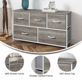 English Elm 5 Drawer Storage Dresser with White Cast Iron Frame, Light Wood Top and Easy Pull Engineered Wood Drawers, and White Wooden Handles