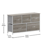 English Elm 5 Drawer Storage Dresser with White Cast Iron Frame, Light Wood Top and Easy Pull Engineered Wood Drawers, and White Wooden Handles