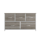 English Elm 5 Drawer Storage Dresser with White Cast Iron Frame, Light Wood Top and Easy Pull Engineered Wood Drawers, and White Wooden Handles