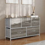 English Elm 5 Drawer Storage Dresser with White Cast Iron Frame, Light Wood Top and Easy Pull Engineered Wood Drawers, and White Wooden Handles