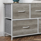 English Elm 5 Drawer Storage Dresser with White Cast Iron Frame, Light Wood Top and Easy Pull Engineered Wood Drawers, and White Wooden Handles