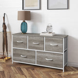 English Elm 5 Drawer Storage Dresser with White Cast Iron Frame, Light Wood Top and Easy Pull Engineered Wood Drawers, and White Wooden Handles