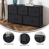 English Elm 5 Drawer Vertical Storage Dresser with Cast Iron Frame and Wood Top and Easy Pull Fabric Drawers with Wooden Handles