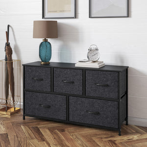 English Elm 5 Drawer Vertical Storage Dresser with Cast Iron Frame and Wood Top and Easy Pull Fabric Drawers with Wooden Handles