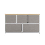 English Elm 5 Drawer Vertical Storage Dresser with White Cast Iron Frame, Oak Wood Top and Easy Pull Fabric Drawers with Natural Wooden Handles