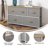 English Elm 5 Drawer Vertical Storage Dresser with White Cast Iron Frame, Oak Wood Top and Easy Pull Fabric Drawers with Natural Wooden Handles