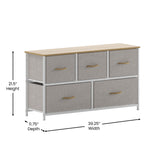 English Elm 5 Drawer Vertical Storage Dresser with White Cast Iron Frame, Oak Wood Top and Easy Pull Fabric Drawers with Natural Wooden Handles