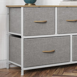 English Elm 5 Drawer Vertical Storage Dresser with White Cast Iron Frame, Oak Wood Top and Easy Pull Fabric Drawers with Natural Wooden Handles