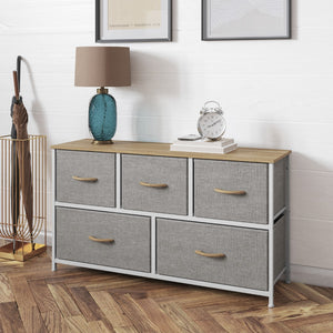 English Elm 5 Drawer Vertical Storage Dresser with White Cast Iron Frame, Oak Wood Top and Easy Pull Fabric Drawers with Natural Wooden Handles