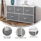 English Elm 5 Drawer Vertical Storage Dresser with White Cast Iron Frame, White Wood Top and Easy Pull Fabric Drawers with White Wooden Handles