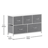 English Elm 5 Drawer Vertical Storage Dresser with White Cast Iron Frame, White Wood Top and Easy Pull Fabric Drawers with White Wooden Handles