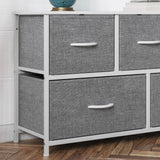 English Elm 5 Drawer Vertical Storage Dresser with White Cast Iron Frame, White Wood Top and Easy Pull Fabric Drawers with White Wooden Handles