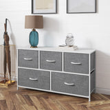 5 Drawer Vertical Storage Dresser with White Cast Iron Frame, White Wood Top and Easy Pull Fabric Drawers with White Wooden Handles