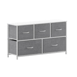 English Elm 5 Drawer Vertical Storage Dresser with White Cast Iron Frame, White Wood Top and Easy Pull Fabric Drawers with White Wooden Handles