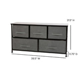 English Elm 5 Drawer Wood Top Cast Iron Frame Vertical Storage Dresser with Dark Gray Easy Pull Fabric Drawers