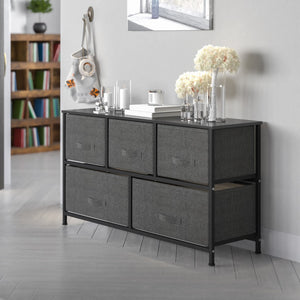 English Elm 5 Drawer Wood Top Cast Iron Frame Vertical Storage Dresser with Dark Gray Easy Pull Fabric Drawers