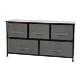 English Elm 5 Drawer Wood Top Cast Iron Frame Vertical Storage Dresser with Dark Gray Easy Pull Fabric Drawers